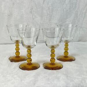 Libbey Knob Hill Amber Cordial Glasses Set Of 4 5.25" Beaded Stem Mid Century